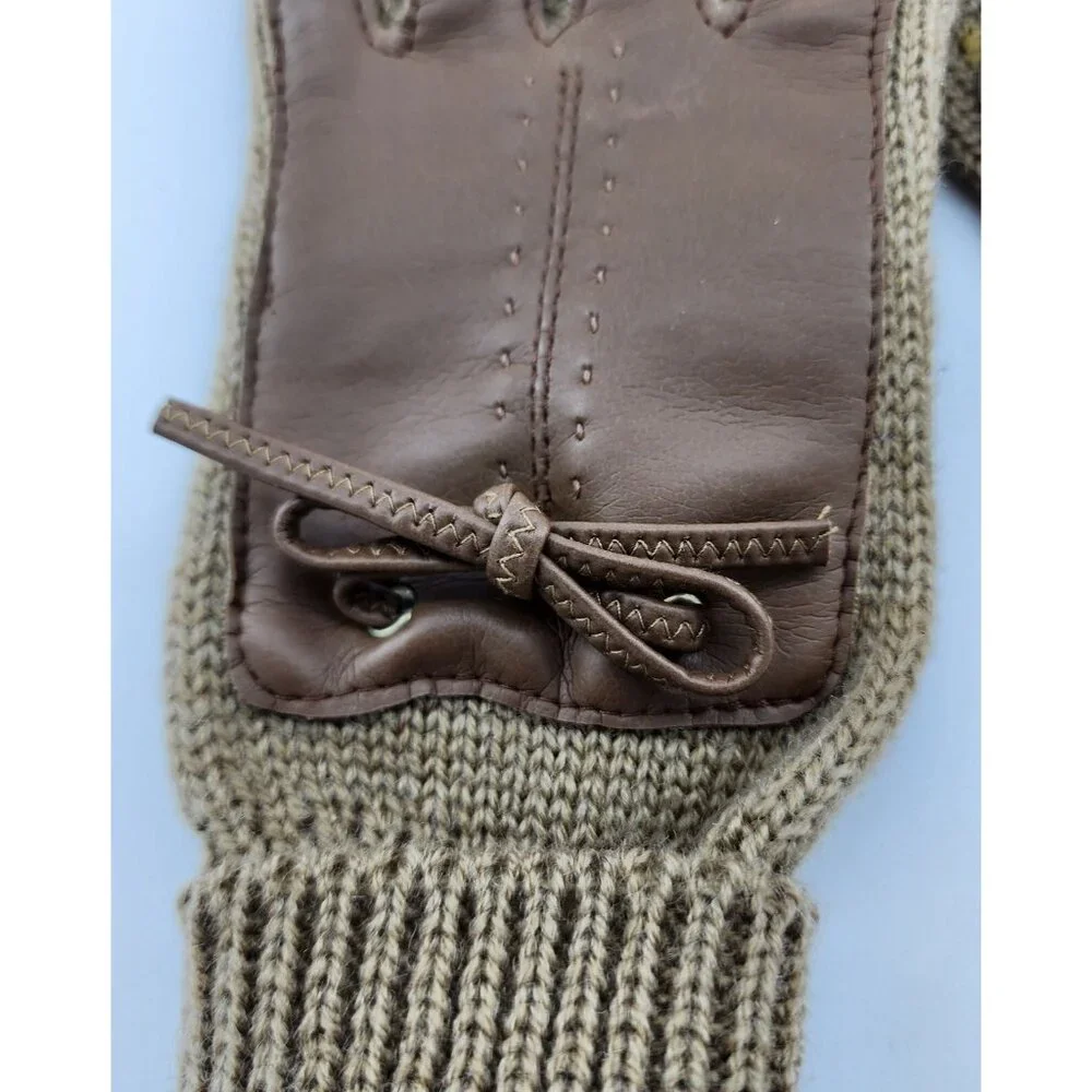 Vtg Womens Beige Acrylic Knit Gloves Vinyl Accents WPL 12931 Made in Taiwan OSFA